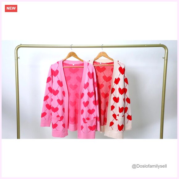 Heart Print Cardigan Open Front Knit Sweater Oversized Chic Valentine Love - Picture 7 of 7